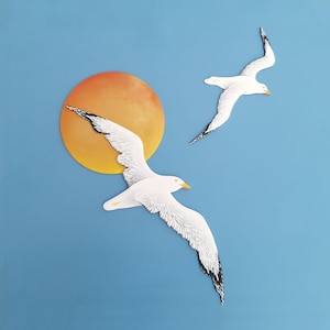 Sunrise to Sunset with 2 Wooden Seagulls Wall Art, Coastal Style Decor, Beach Lovers Gift, White Flying Bird Wall Decor Set, Nautical Art