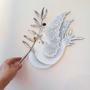 Elegant Dove of Peace with Silver Olive Branch Sculpture, Bird Wall Art Decoration, Spiritual Religious Gift, Christian Holy Spirit Pigeon