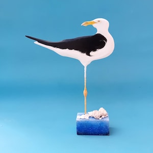 Wooden Seagull Figurine on Base with Real Seashells, Beach Home Decor, Nautical Gift, Shorebird Sculpture, Coastal Style Seabird Table Decor