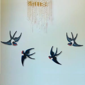 Wooden Painted Swallows Wall Decor: Spring Bird Sculpture, Set of 4