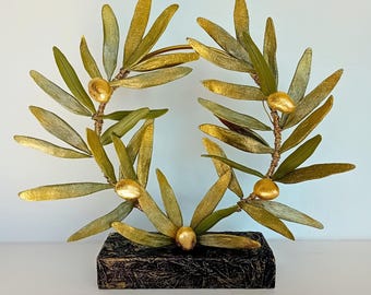 Handmade Olive Wreath Sculpture: Ceramic Green Leaves, Golden Fruits, Wooden Base