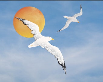 Idyllic Wall Installation Sunrize Sunset with 2 Wooden Painted Seagulls and Sun\ Coastal Nautical & Beach Wall Decor\ Flying Bird Wall Art