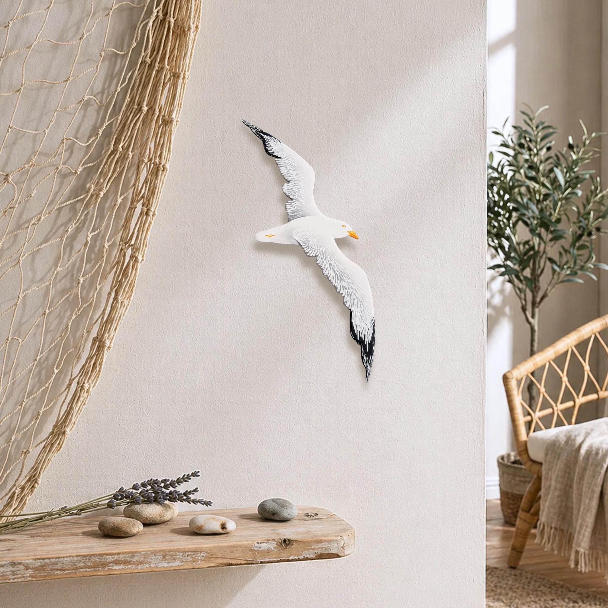 Seagull Wall Art, Coastal Nautical Decor, Wooden Flying Sculpture 