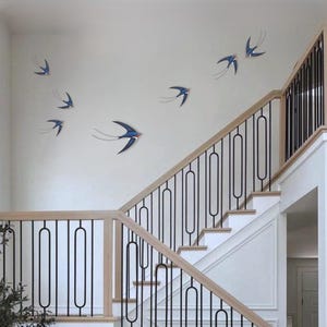 Minimalist Flock of 7 Hand Painted Swallows Wall Art, Metal & Wood, Black Bird Sculpture, Flying Bird Themed Wall Decor, Spring Gift Idea