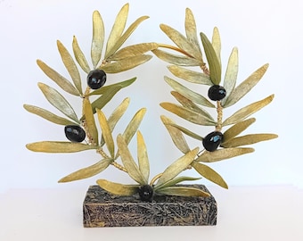 Collector Olive Wreath Sculpture on Base – Handmade Ceramic Olives & Gold Metal, Mediterranean Decor