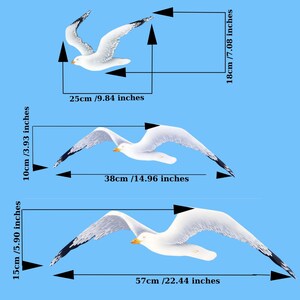 Wooden seagulls in flight showing three sizes – large 57 cm, medium 38 cm, small 25 cm – white finish on blue background.
