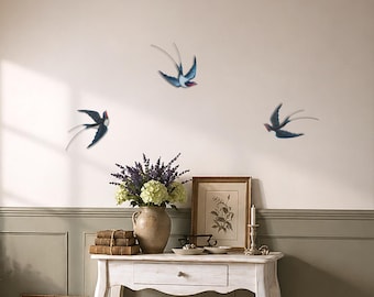 Hand-Carved Wood Metal Swallow Wall Decor, Set of 3 Flying Birds, Farmhouse Art