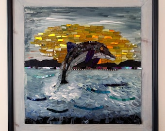 The Jumping Dolphin - Stained glass mosaic picture with acrylic painting on wood base, framed and ready to hang