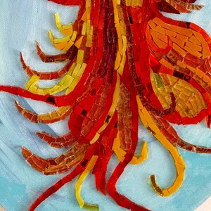 May include: A mosaic artwork depicting a stylized red, orange, and yellow bird with a blue background.
