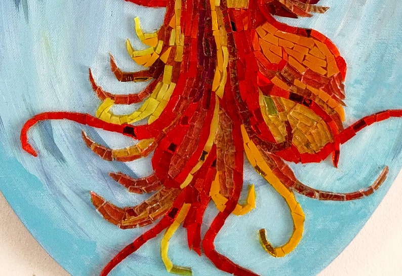 May include: A mosaic artwork depicting a stylized red, orange, and yellow bird with a blue background.