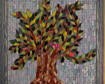 Mosaic picture: The happy tree. Stained glass mosaic art framed and ready to hang for home decoration or office, one of a kind