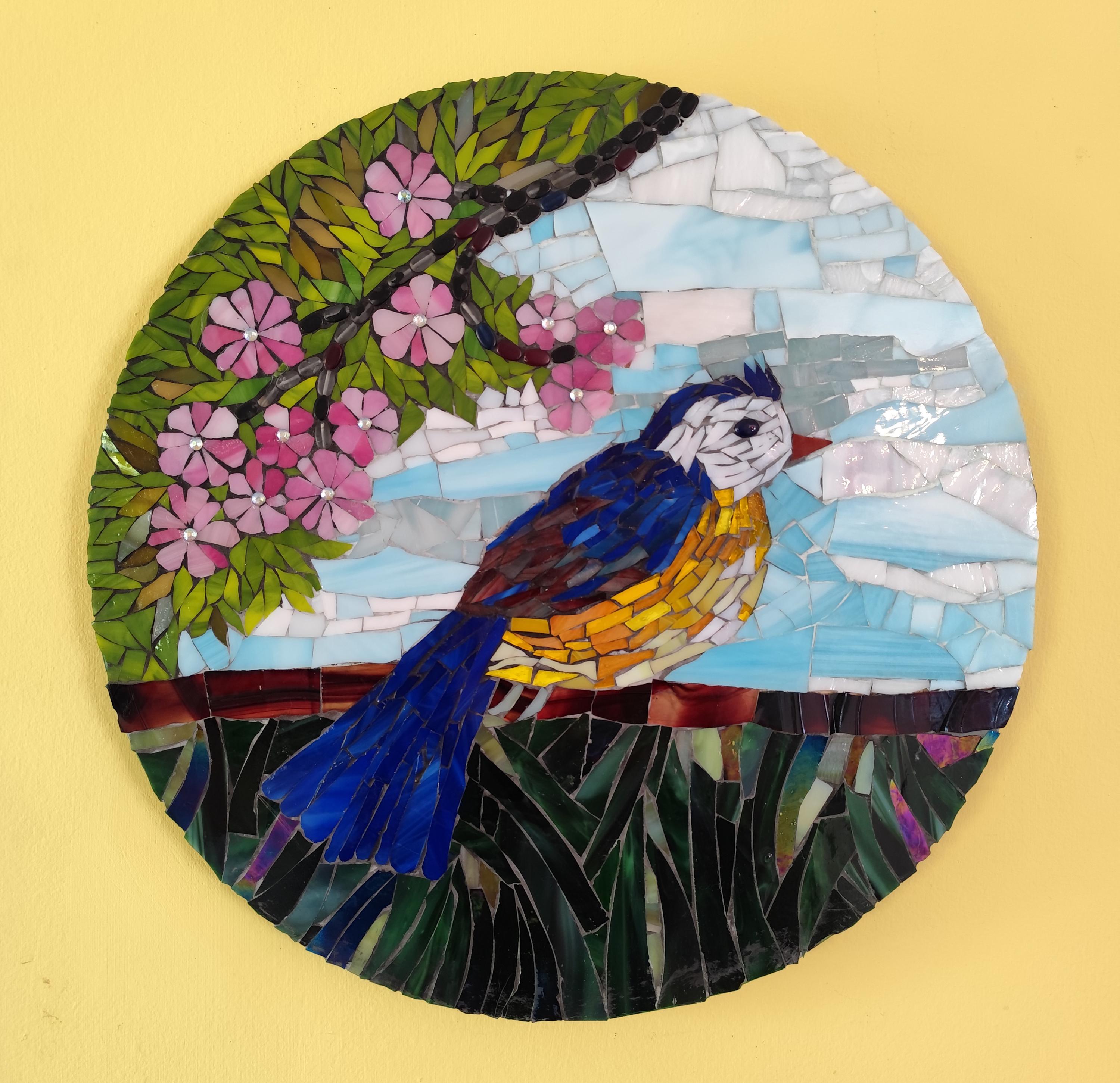 Handmade Stained Glass Mosaic - Bluebird with Blossoms, for home or office decoration. This is one of a kind picture