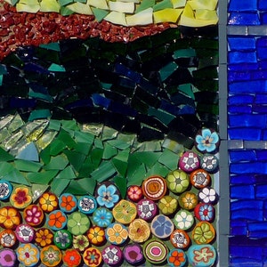 May include: A mosaic artwork featuring a landscape scene with a blue sky, green grass, and a red hill. The bottom of the artwork is decorated with colorful flowers.