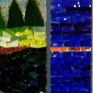 May include: A mosaic artwork featuring a landscape scene with trees, a blue sky, and a field of flowers. The right side of the image is a solid blue mosaic.