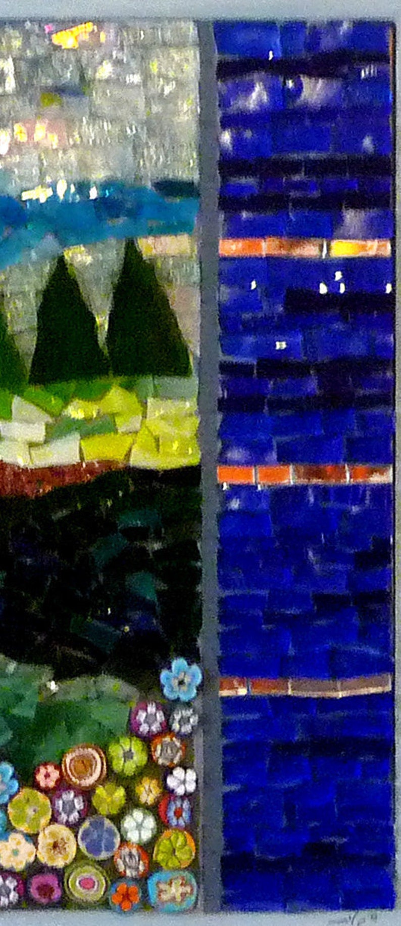 May include: A mosaic artwork featuring a landscape scene with trees, a blue sky, and a field of flowers. The right side of the image is a solid blue mosaic.