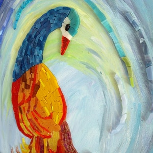 May include: A mosaic artwork of a peacock with blue and green feathers and a bright orange and yellow tail. The peacock is set against a light blue background with swirling brushstrokes.