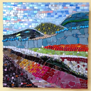 Mosaic glass picture -Landscape  for home or office decoration with colorful glass and beads. One of a kind picture