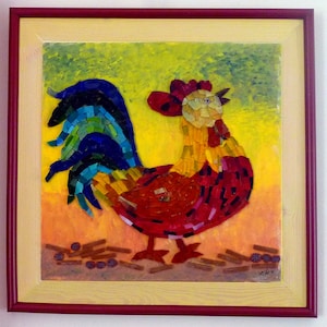 Stained glass mosaic art -Shiny Rooster. Mosaic picture,mixed media - a painting on wood base with glass mosaic and beads