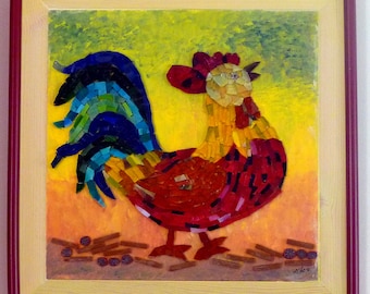 Stained glass mosaic art -Shiny Rooster. Mosaic picture,mixed media - a painting on wood base with glass mosaic and beads