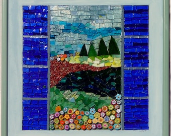 Stained glass mosaic picture: Landscape of the Galille. Mosaic picture made of glass and polymer clay flowers
