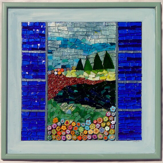 Stained glass mosaic picture: Landscape of the Galille. Mosaic picture made of glass and polymer clay flowers