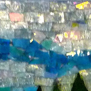 May include: A mosaic artwork depicting a night sky with a blue and white color scheme. The sky is filled with small, white stars and a band of blue across the center. The bottom of the image shows a row of dark green trees.