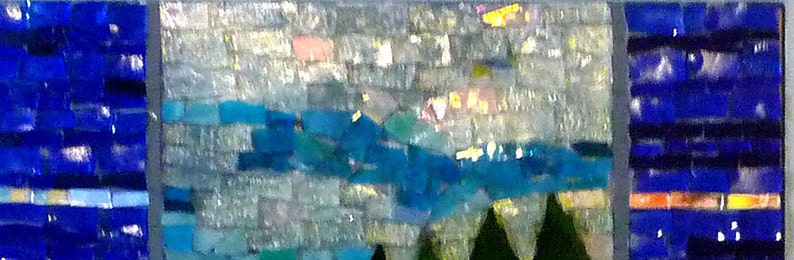 May include: A mosaic artwork depicting a night sky with a blue and white color scheme. The sky is filled with small, white stars and a band of blue across the center. The bottom of the image shows a row of dark green trees.