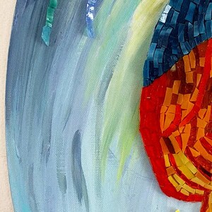 May include: A circular mosaic artwork featuring a stylized red, orange, and yellow jellyfish against a blue and green background.