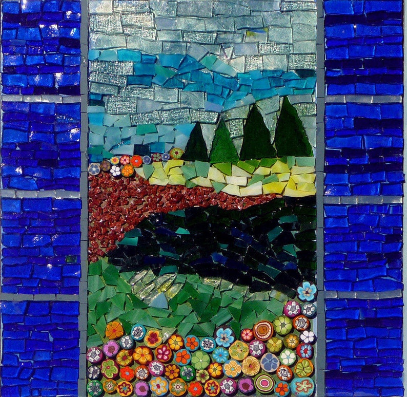 May include: A mosaic artwork depicting a landscape scene with a blue sky, green trees, and a river. The bottom of the artwork features a row of colorful flowers.