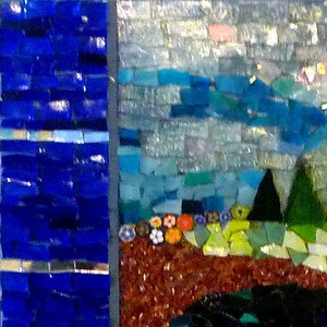 May include: A mosaic artwork depicting a landscape scene with a blue sky, green trees, and a brown ground with flowers. The artwork is made of small, colorful tiles.