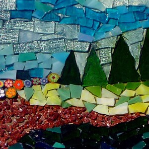 May include: A mosaic artwork depicting a landscape with a blue sky, green trees, and a red-brown ground. The sky is made of small blue and white glass tiles. The trees are made of green glass tiles. The ground is made of small red-brown glass tiles.