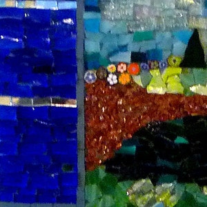May include: A mosaic artwork featuring a blue sky, brown earth, green grass, and a cluster of colorful flowers. The artwork is made up of small, square tiles.