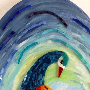 May include: A mosaic artwork of a peacock with blue, green, and yellow tiles. The peacock's head is turned to the side, and its tail feathers are spread out in a fan shape. The background is a blue and green gradient.