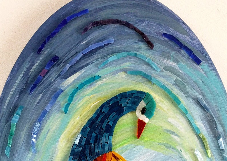 May include: A mosaic artwork of a peacock with blue, green, and yellow tiles. The peacock's head is turned to the side, and its tail feathers are spread out in a fan shape. The background is a blue and green gradient.
