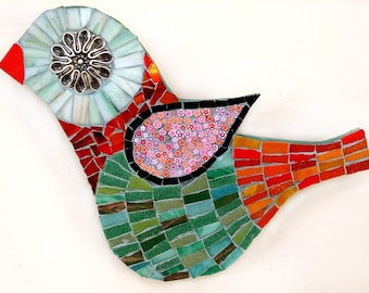 Green and Orange handmade mosaic bird with glass, beads and polymer clay flowers ready to hand for home decoration or gift
