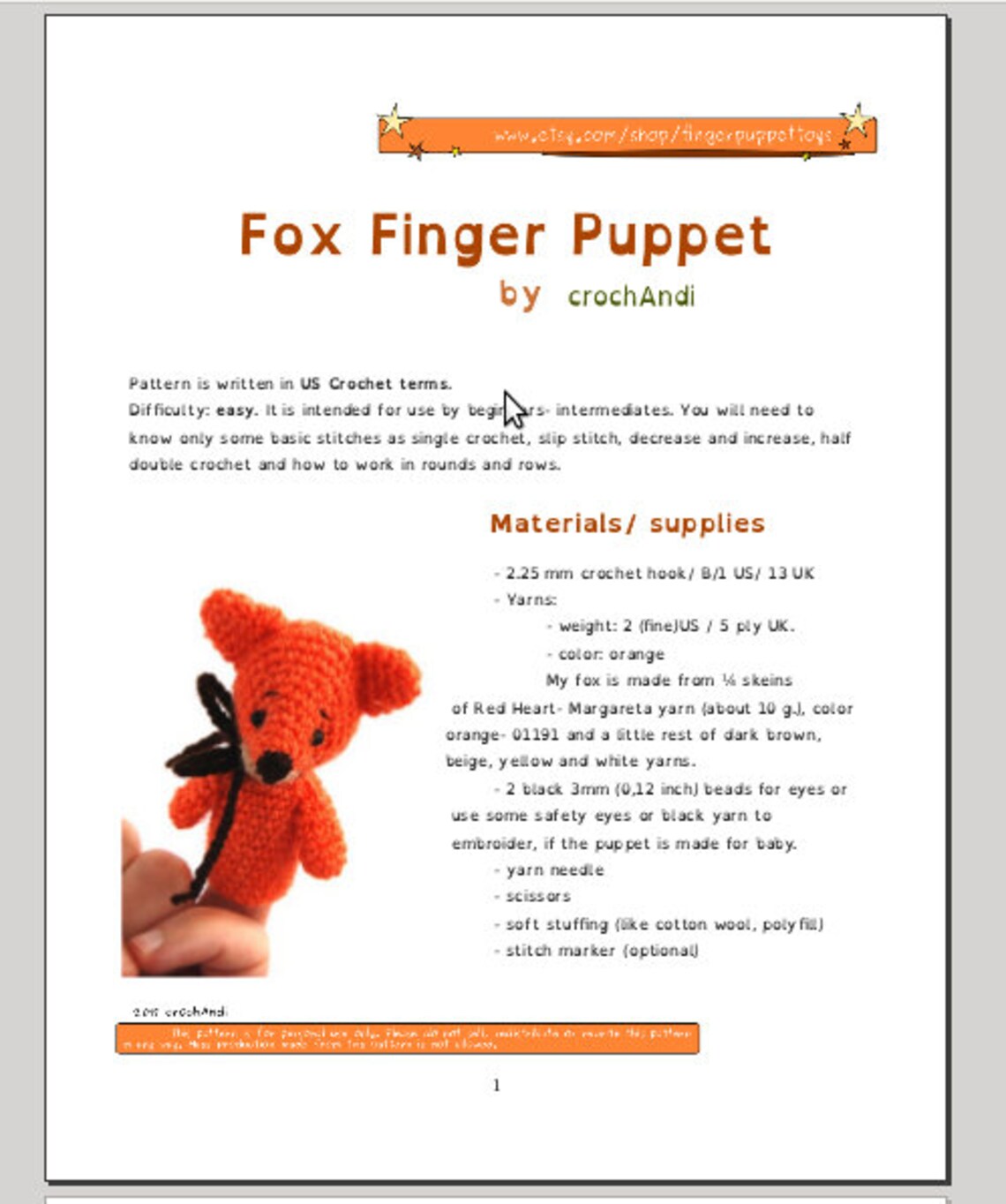 Fox Pattern, Vulpine Finger Puppet Tutorial, Downloadable Pdf File ...