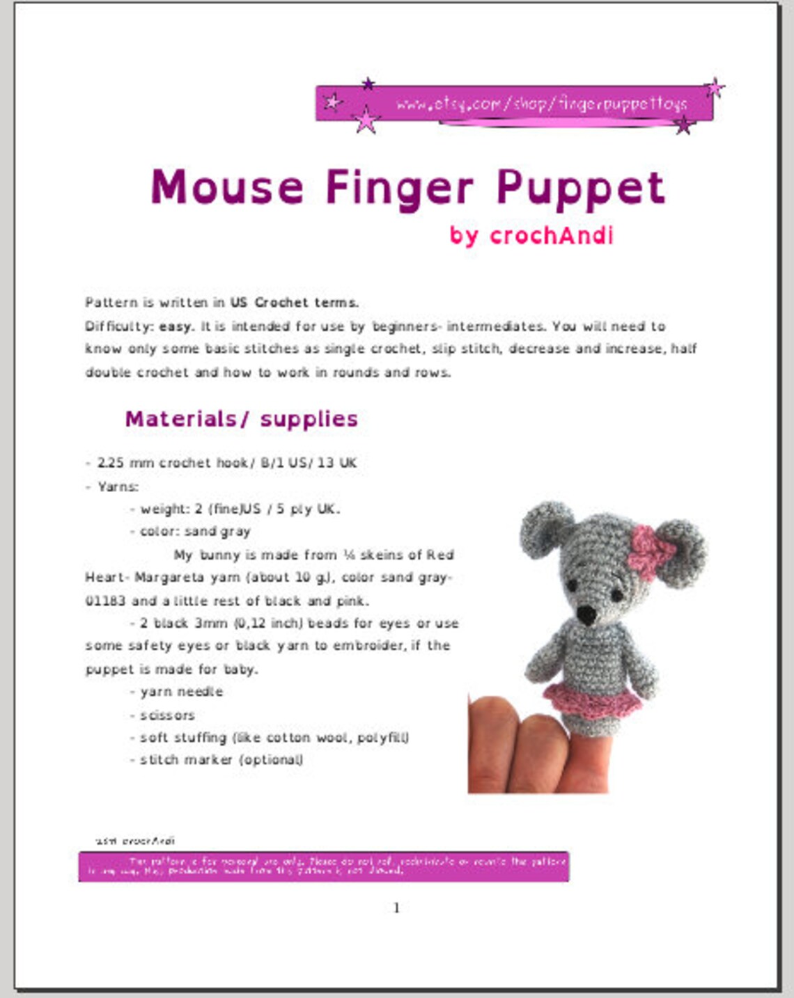 Mouse Finger Puppet Pattern, Crochet Mouse Puppet, Amigurumi Mouse