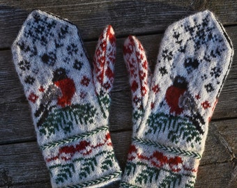 Winterbirds mittens, pdf printable pattern, digital pdf pattern