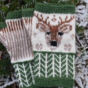 Könnte beinhalten: Ein Paar grüne, weiße und braune gestrickte Fingerlose Handschuhe mit einem Rentier-Design. Die Handschuhe haben einen grünen Rand und einen weißen Hintergrund mit einem braunen Rentiergesicht und Geweih.
