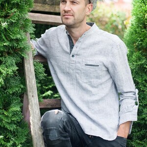 LIGHT GREY Mens linen shirt, Summer linen shirt for men, Linen shirt with long sleeves, Christmas gift for boyfriend, Birthday gift for men