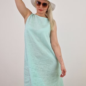 Linen Summer Dress, Mint Linen Slip Dress, Sleeveless Linen Kaftan Dress with V in the back, Oversized Linen Womens Dress, Loose Linen Dress