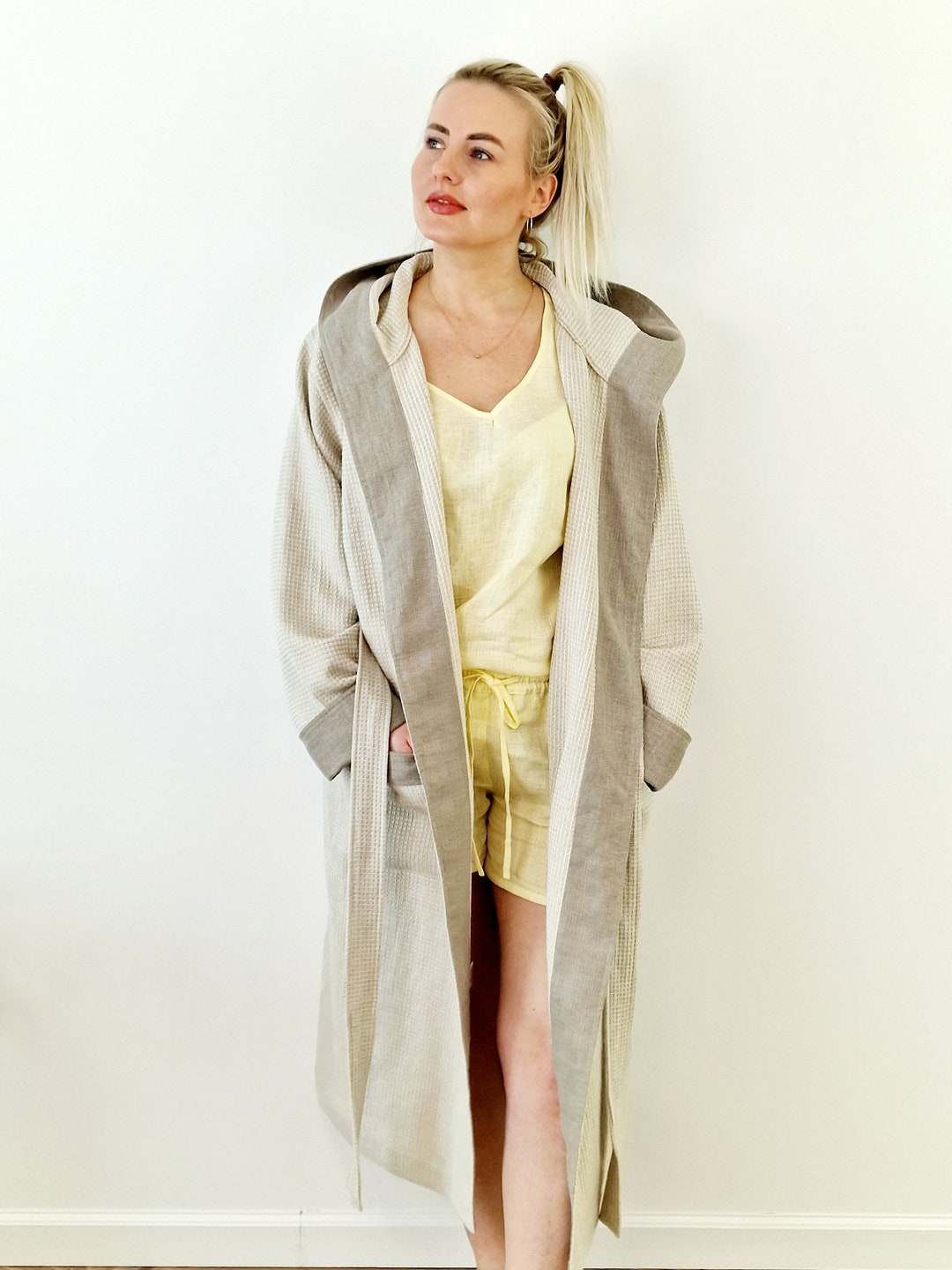 Long Linen Waffle Robe, Unisex Linen Bath Robe With Hood, Linen