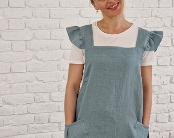 Japanese LINEN apron wth ruffles, Women pinafore apron, Custom linen apron, Kitchen apron for mom, Christmas gift for mother, Gift for mom