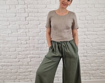 Cropped wide leg pants, Linen pants for women, Linen palazzo pants for summer, Loose linen trousers, Womens linen pants, Loose linen pants