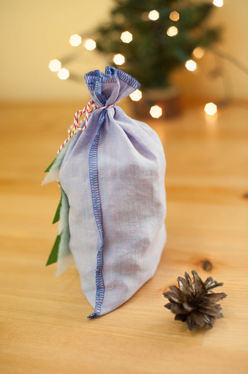 Christmas linen drawstring bag, Small linen bag, Christmas packing, Christmas gift packaging, Linen sack with Christmas tree, Christmas gift image 5