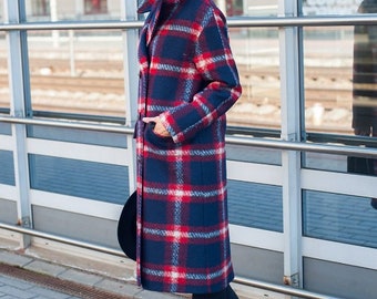 Womens plaid wool coat for fall, Vintage style plaid coat, Winter long overcoat, Womens oversized coat, Navy blue plus size wool coat
