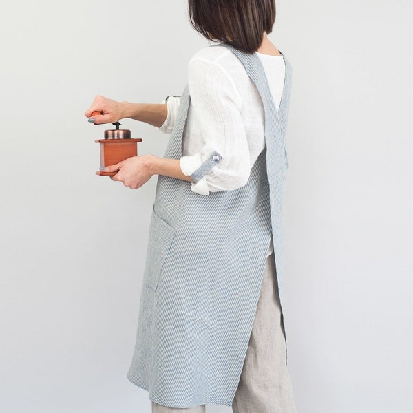 Linen JAPANESE apron for women, Personalized Cross back apron, Christmas gift for her, Gardening apron, Linen aprons for women