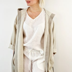 Linen womens waffle robe, Short linen robe for women, Linen bath robe with hood, Linen loungewear, Womens Home wear image 9
