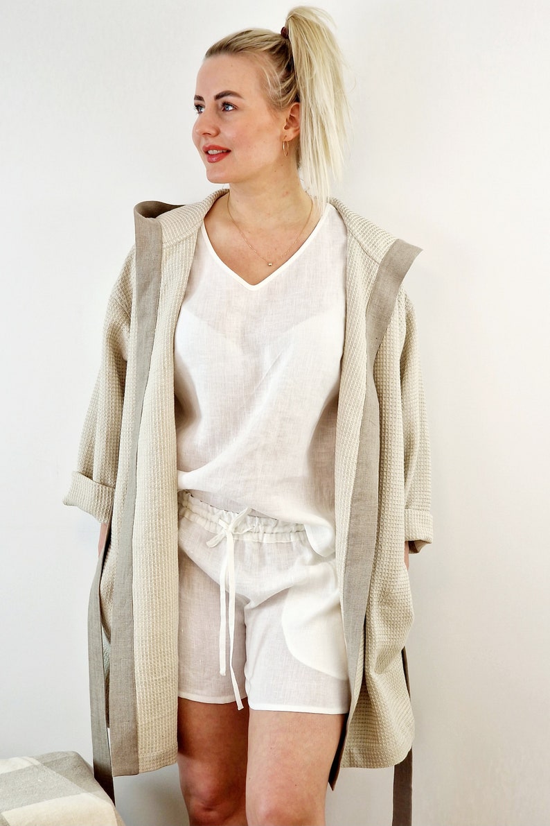 Linen womens waffle robe, Short linen robe for women, Linen bath robe with hood, Linen loungewear, Womens Home wear image 9