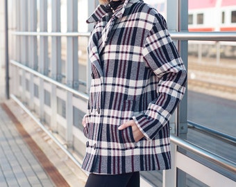 Womens plaid coat for fall, Cropped length wool coat, Plus size wool plaid coat, Oversized coat for women, Vintage style Winter coat